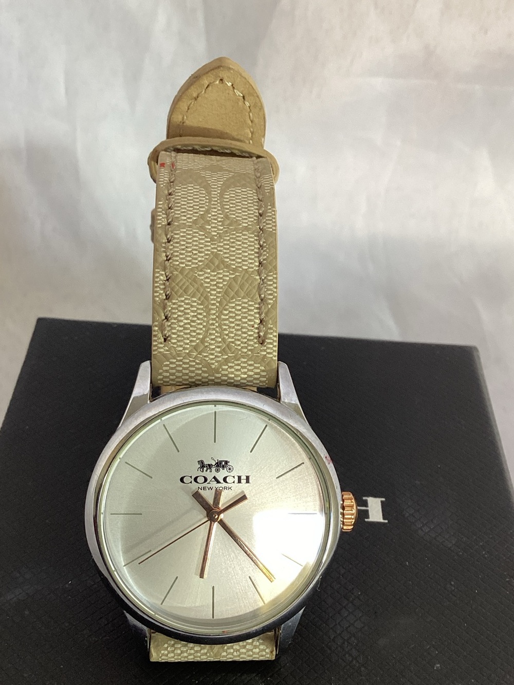 Coach  Beige Signature Strap Watch with Silver Dial and Gold Accents